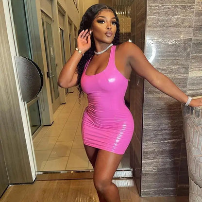 Pink Sleeveless Slim Dress Skinny Sexy Women Fashion Bodycon Leather Sundress Graduation Halloween Party Backless Corset Dress