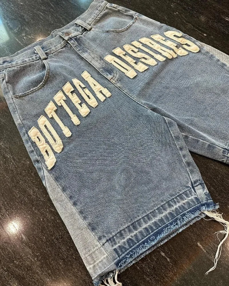 American Street  Retro Denim Shorts with Letter Embroidery Oversized Jeans Men  Loose Casual Versatile Shorts