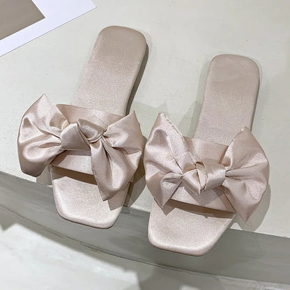 Women Beach Slippers 2024 Summer Flat Shoes Woman Slip On Slides Silk Style Female Slip On Sandals Girls Indoor Outdoor Slippers