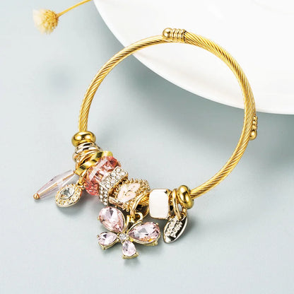 Stainless Steel Mixed Beads Butterfly Adjustable Bracelet with Crystals Letter Tag for Women DIY Jewelry