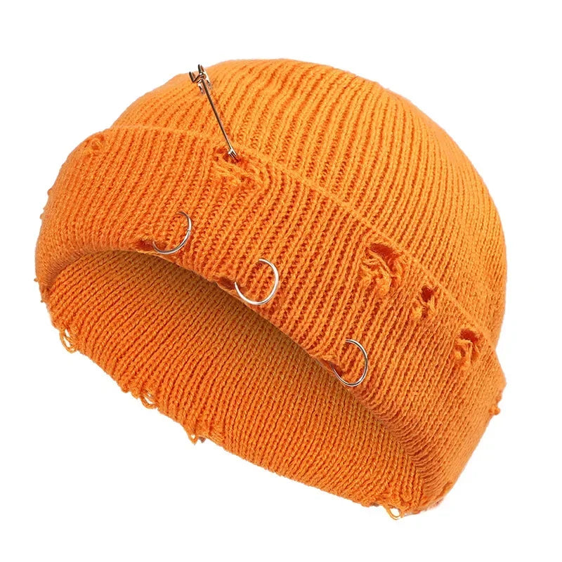 9 Colors Fashionable Ladies Winter Warm Knitted Caps 3 Metal Ring Buckled Hat Cool Pure Hip Hop Hats for Women