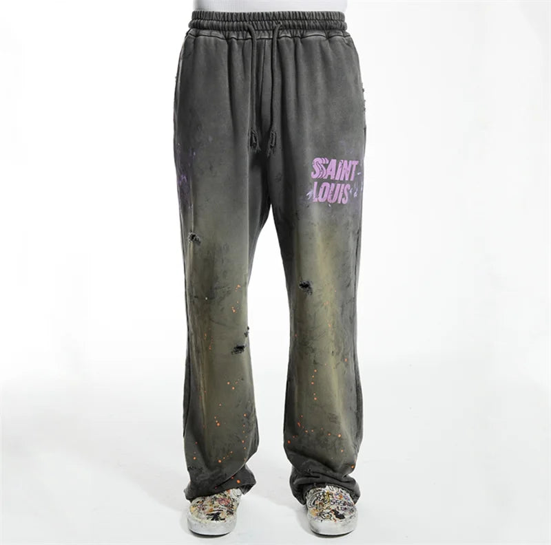 High Street Men Women Hip Hop Best Pants Vintage SAINT LOUIS Drawstring Destruction Splattered Ink Letters Print Sweatpants