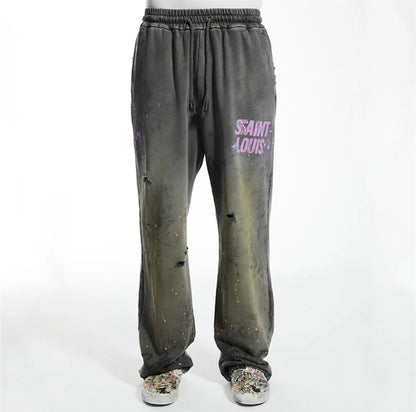 High Street Men Women Hip Hop Best Pants Vintage SAINT LOUIS Drawstring Destruction Splattered Ink Letters Print Sweatpants