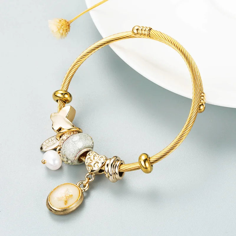 Stainless Steel Mixed Beads Butterfly Adjustable Bracelet with Crystals Letter Tag for Women DIY Jewelry