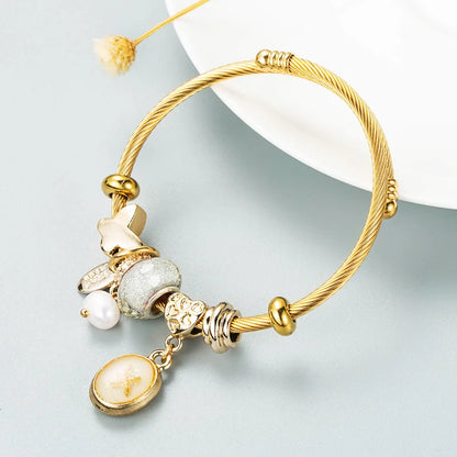 Stainless Steel Mixed Beads Butterfly Adjustable Bracelet with Crystals Letter Tag for Women DIY Jewelry