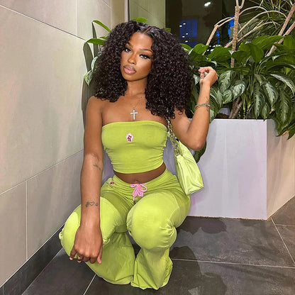summer new solid color sleeveless strapless embroidered slim fit micro flared long women's suit