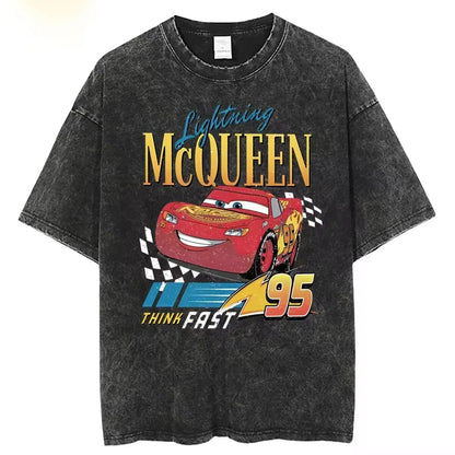 Washed T-Shirt Vintage Car 95 Lightning McQueen Hip Hop Vintage Unisex T-Shirt Streetwear Short Sleeve Top T-Shirt Ladies