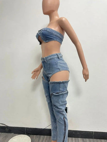 Hollow Out Jeans Pants Outfit Set Sexy Women Elegant Two Pieces Denim Club Matching Set Top+Trousers