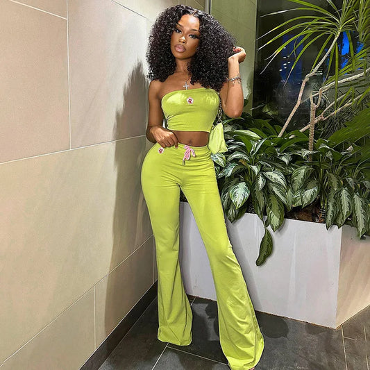 summer new solid color sleeveless strapless embroidered slim fit micro flared long women's suit