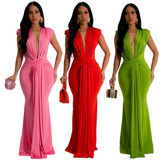 Summer Solid Color High Waisted Long Dress 2024 New Elegant Deep V-neck Sexy Short Sleeved Dress