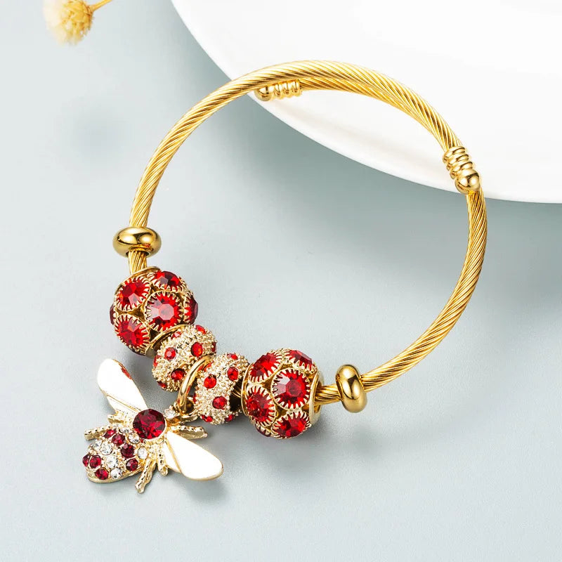Stainless Steel Mixed Beads Butterfly Adjustable Bracelet with Crystals Letter Tag for Women DIY Jewelry