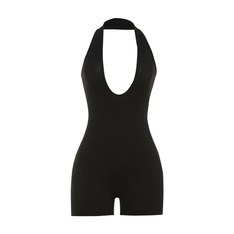 Ribbed Lace-up Bodycon Romper Women Sporty Casual Basic Solid Backless Skinny Elastic  Halter Playsuit Summer Trend Sexy Club
