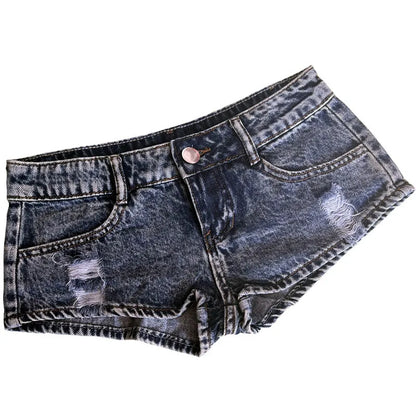 Women's Shorts Sexy Hole Rivet Low Waist Thong Denim Ultra Mini Short Female Bikini Jeans Feminino Nightclub