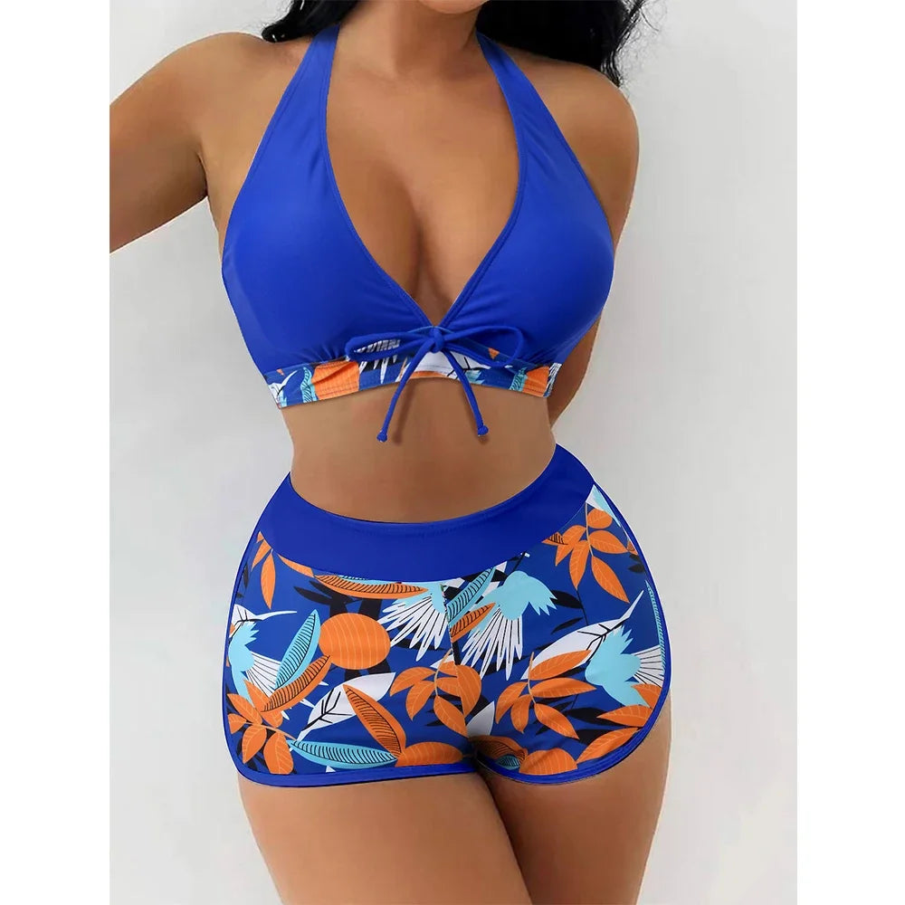 Women's Sexy Triangle Bikini Set 2-piece Swimsuit Hanging Neck Cross Split Swimwear Color Matching Brazilian Bathing Suit