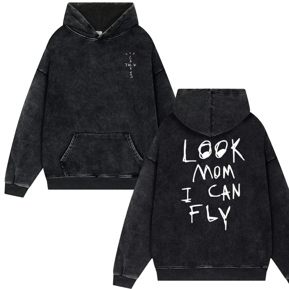 2024 Streetwear Travis Look Mom I Can Fly Vintage Washed Hoodies Men Scott Unisex Hip Hop Pullover Male Oversized Tops
