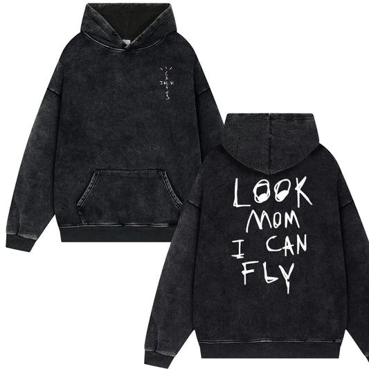 2024 Streetwear Travis Look Mom I Can Fly Vintage Washed Hoodies Men Scott Unisex Hip Hop Pullover Male Oversized Tops
