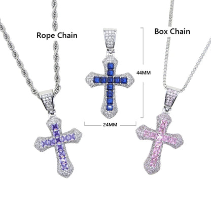New Iced Out Bling Cross Pendant Necklace Silver Color Rectangle CZ Cubic Zirconia Blue Pink Charm Hip Hop Men Jewelry