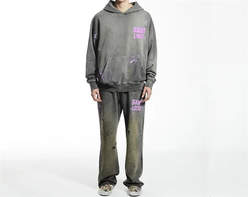 High Street Men Women Hip Hop Best Pants Vintage SAINT LOUIS Drawstring Destruction Splattered Ink Letters Print Sweatpants