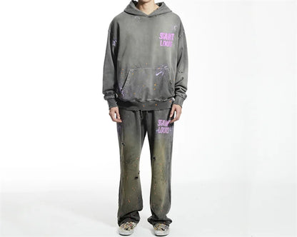 High Street Men Women Hip Hop Best Pants Vintage SAINT LOUIS Drawstring Destruction Splattered Ink Letters Print Sweatpants