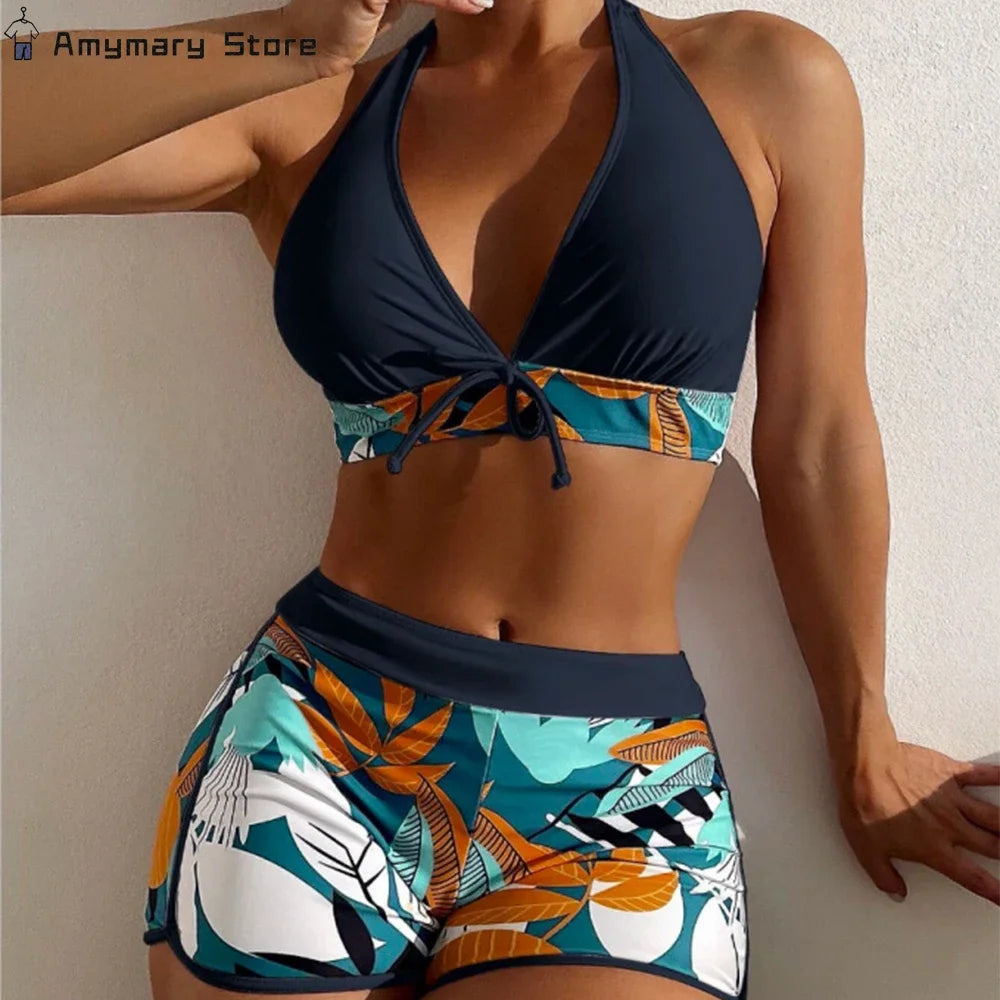 Women's Sexy Triangle Bikini Set 2-piece Swimsuit Hanging Neck Cross Split Swimwear Color Matching Brazilian Bathing Suit