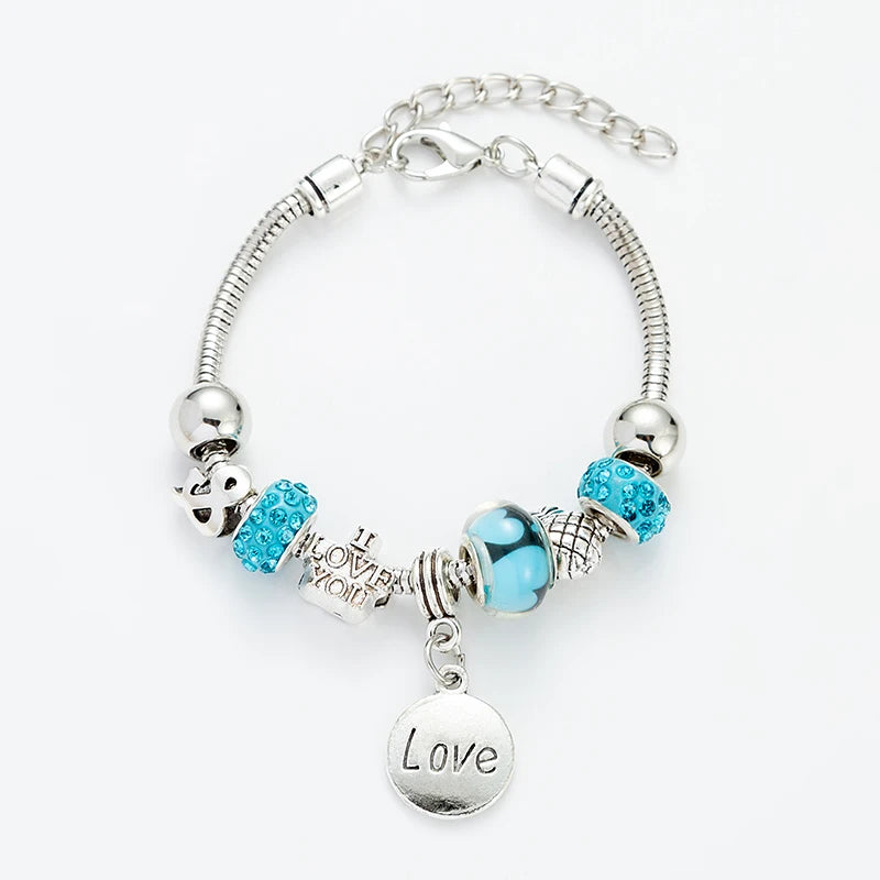 Round Letter Love Zircon Crystal Pendant for Women's Fashion Pandora Collection Charm Jewelry Gift Party Charm Beaded Bracelet