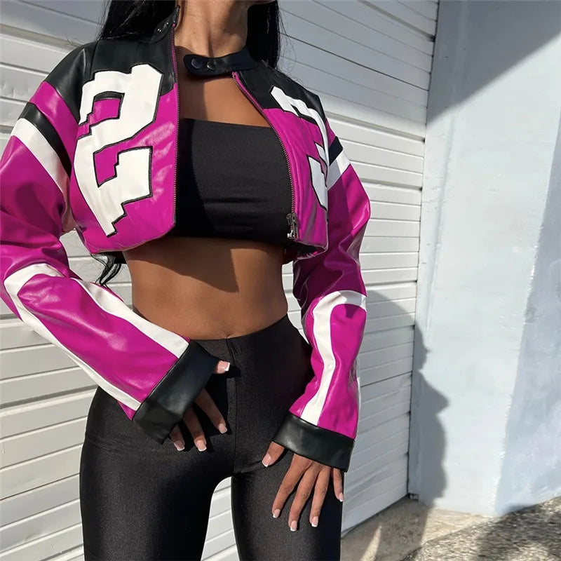 Women Faux Leather Streetwear Fashion New Jacket Letter Print Autumn Casual Sporty Wild Streetwear Uniform Trend Lady Crop Coat