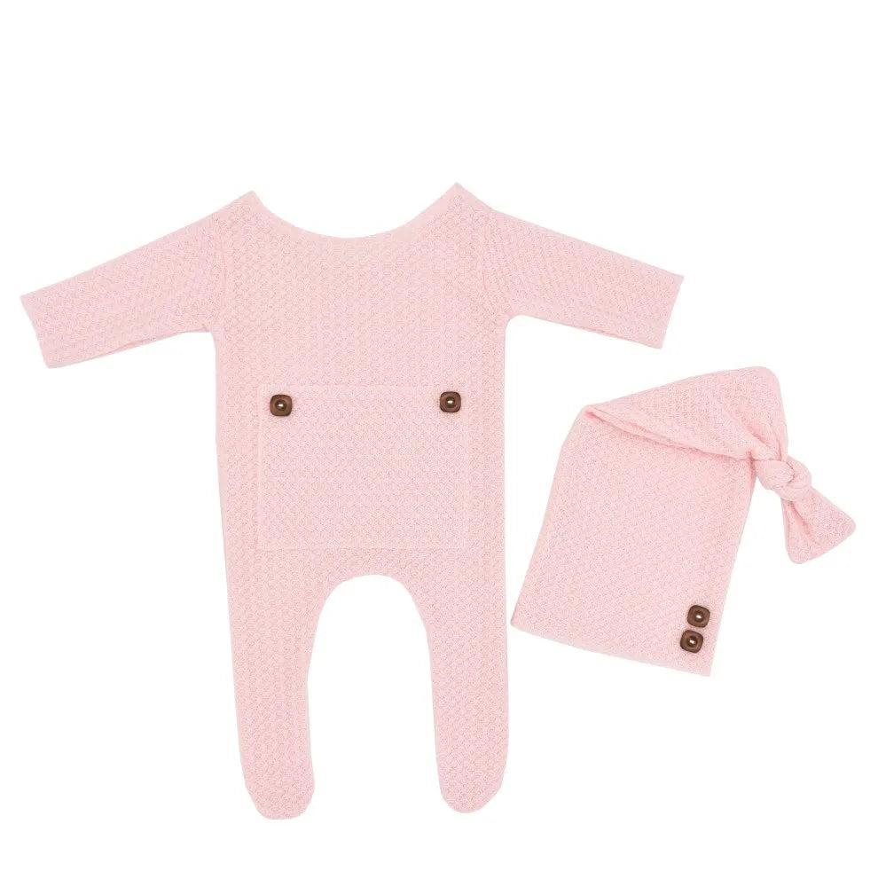 Newborn Photography Jumpsuit Buttons Hat Back Pocket Baby Boy Girl Photo Shooting Clothes Infant Bodysuit