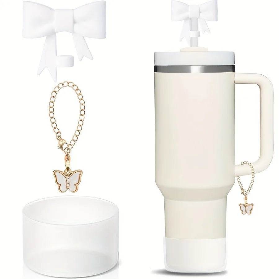 3Pcs Bow Straw Cap Covers Toppers Accessories for Stanley 30&40 Cups Silicone Boot Butterfly Charm Chain for Tumbler with Handle