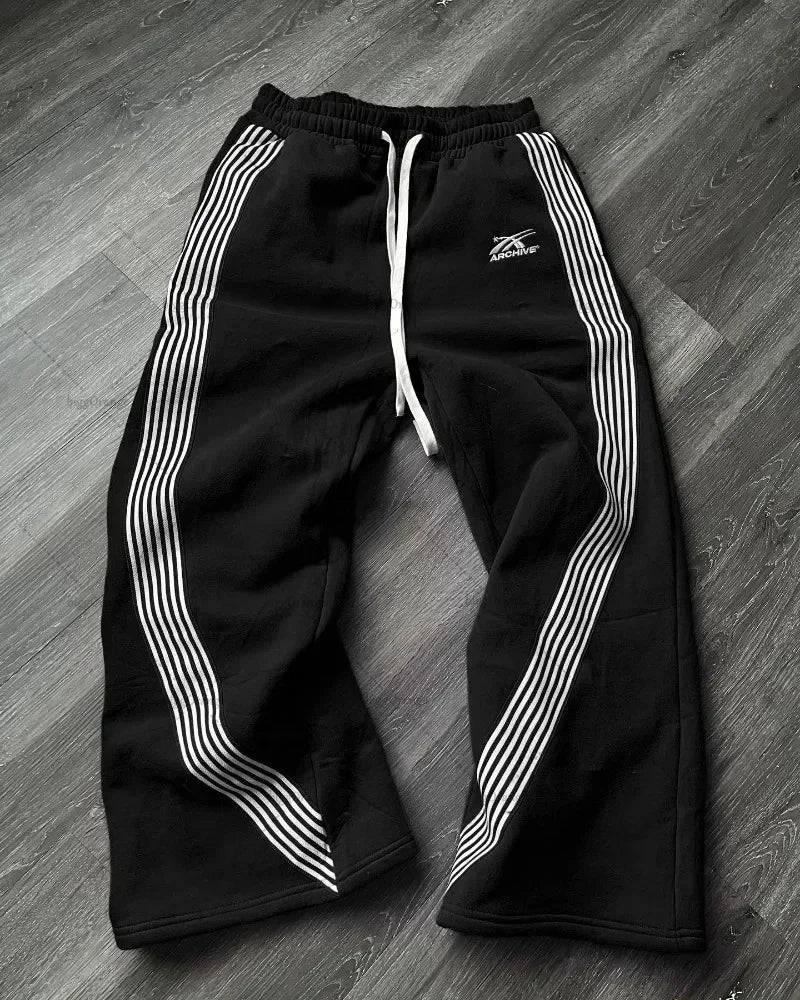 High Street Hip Hop Flared Sweatpants Striped Side Zipper Design Elastic Waist Wide-Leg American Retro Trend pants