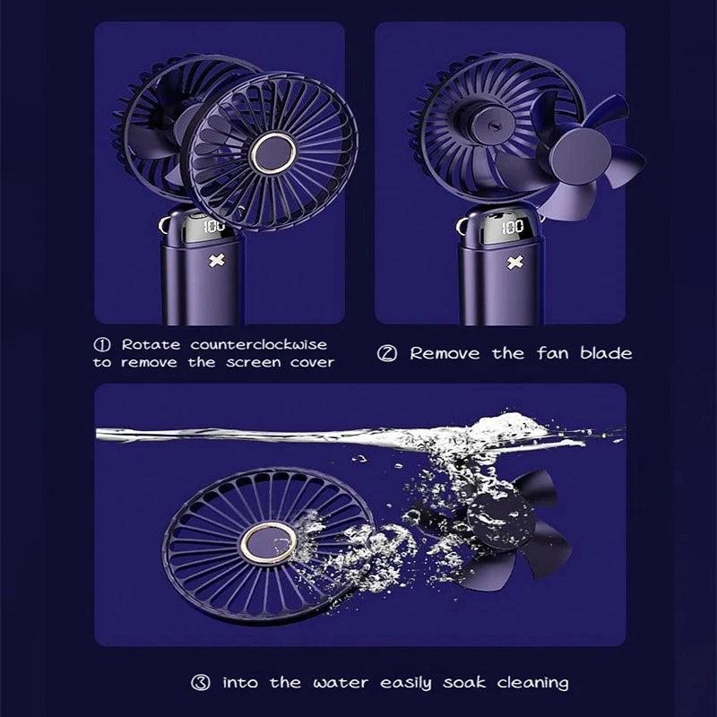 6000mAh Mini Handheld Fan 5 Speeds USB Charging Hanging Neck Fan LED Digital Display For Outdoor Sport Student Office Desk Fan