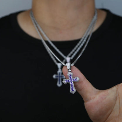New Iced Out Bling Cross Pendant Necklace Silver Color Rectangle CZ Cubic Zirconia Blue Pink Charm Hip Hop Men Jewelry