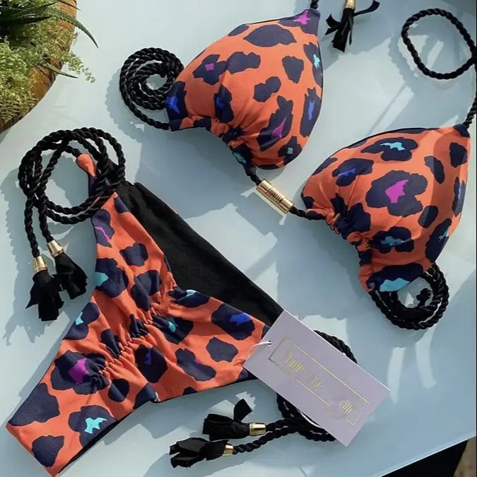 New Ladies Sexy Printed Rope Bikini Split Swimsuit