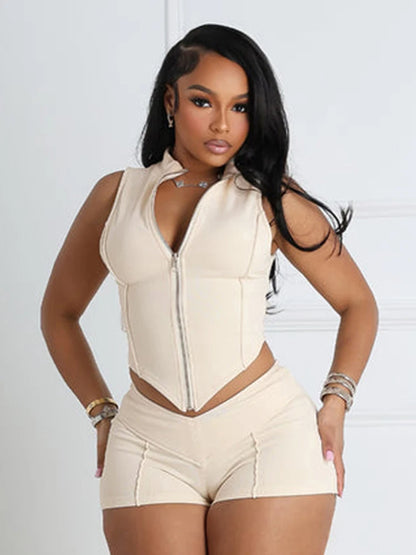 Macheda Casual Sporty 2 Piece Set Women Lines Patchwork Zipper Cardigan Irregular Crop Top+Tight Peach Hip Shorts Streetwear
