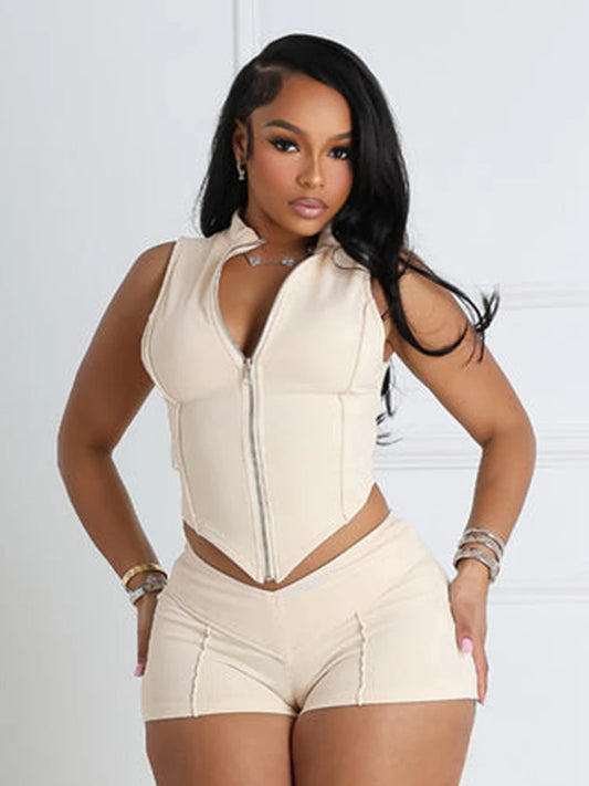 Macheda Casual Sporty 2 Piece Set Women Lines Patchwork Zipper Cardigan Irregular Crop Top+Tight Peach Hip Shorts Streetwear