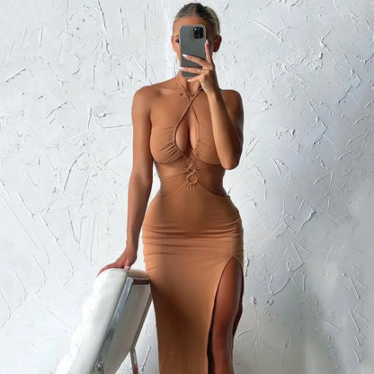 European and American summer  women's party dress Y2k sexy hollow lace up high slit long dress for women