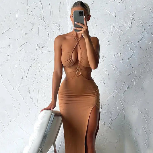European and American summer  women's party dress Y2k sexy hollow lace up high slit long dress for women