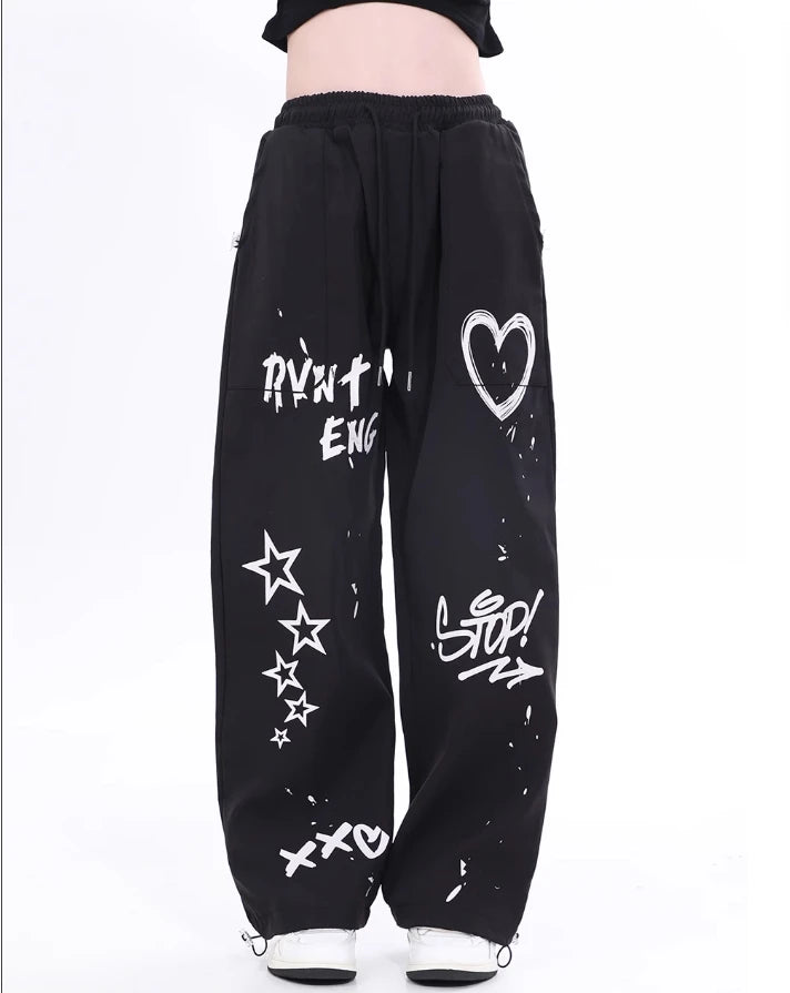 American retro graffiti summer casual solid color straight leg pants for men and women High street jazz hip hop wide leg sports