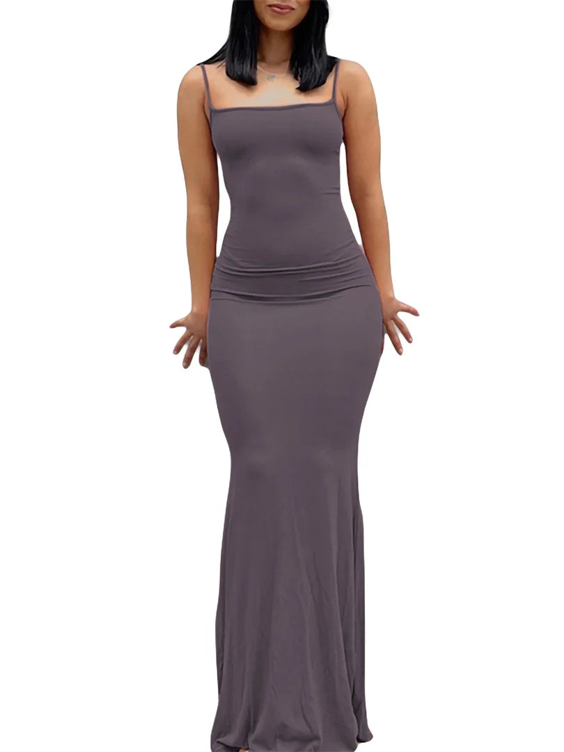 wsevypo Spaghetti Strap Bodycon Long Dress Summer 2022 Women Sleeveless Wrapped Fish Tail Dress Solid Color Club Streetwear