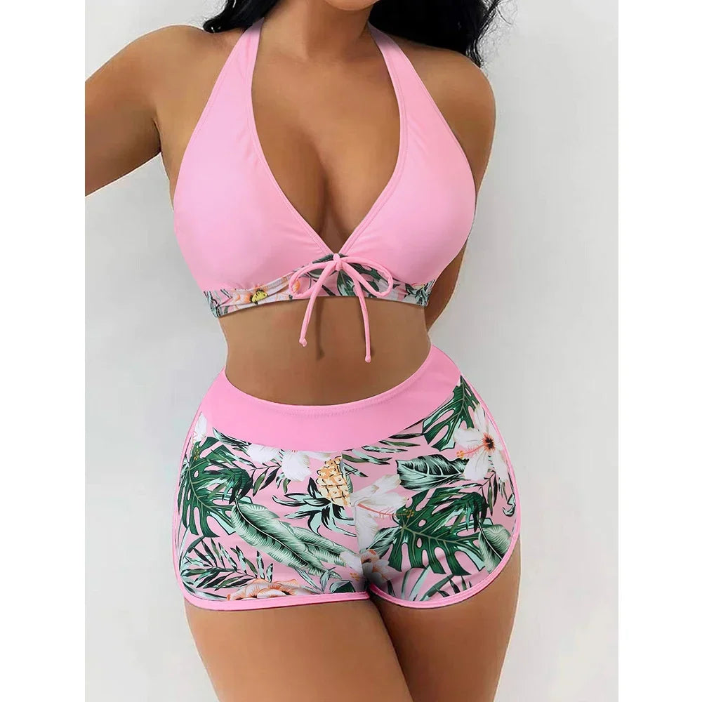 Women's Sexy Triangle Bikini Set 2-piece Swimsuit Hanging Neck Cross Split Swimwear Color Matching Brazilian Bathing Suit