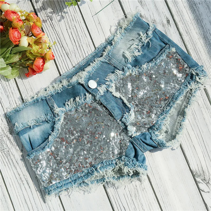 Women's Shorts Sexy Hole Rivet Low Waist Thong Denim Ultra Mini Short Female Bikini Jeans Feminino Nightclub