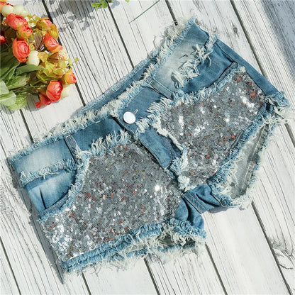 Women's Shorts Sexy Hole Rivet Low Waist Thong Denim Ultra Mini Short Female Bikini Jeans Feminino Nightclub