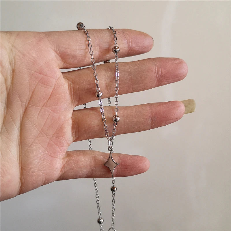 Kpop Vintage Punk Silver Color Star Pendant Bead Necklace for Men Women Street Hip Hop Aesthetic Grunge Jewelry Y2K Accessories
