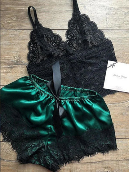 Lace Silk Sleepwear for Women Pajamas Set Sexy Lingerie Crop Tops Shorts Babydoll Nightwear S/M/L/XL/2XL