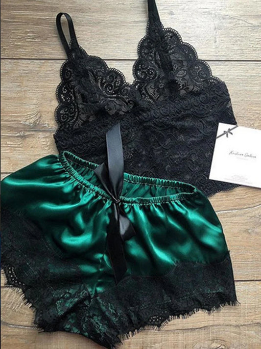 Lace Silk Sleepwear for Women Pajamas Set Sexy Lingerie Crop Tops Shorts Babydoll Nightwear S/M/L/XL/2XL
