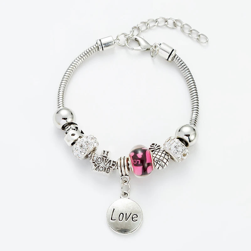 Round Letter Love Zircon Crystal Pendant for Women's Fashion Pandora Collection Charm Jewelry Gift Party Charm Beaded Bracelet