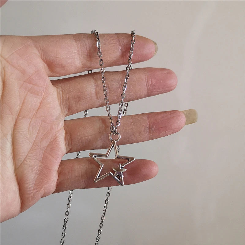 Kpop Vintage Punk Silver Color Star Pendant Bead Necklace for Men Women Street Hip Hop Aesthetic Grunge Jewelry Y2K Accessories