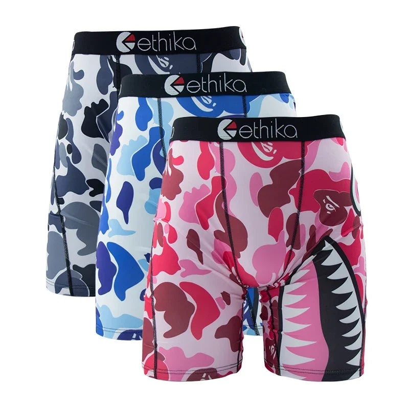 3Pcs ETHIKA Sexy Men Underwear Boxers Fashion Shark Print Underpants Breathable Panties Lingeries Plus Size Boxer Briefs Trunks