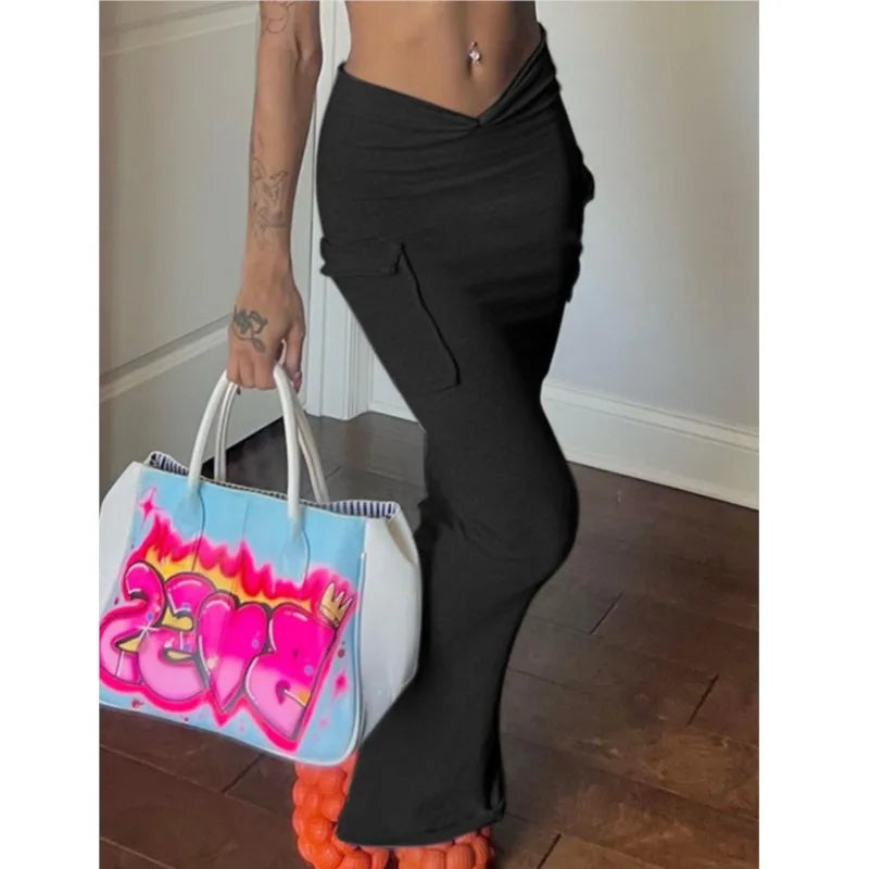 Women Casual Slim High Waist Long Skirt Versatile Irregular Slit Gray A-lined Skirts With Pocket Female Fashion Daily Streetwear