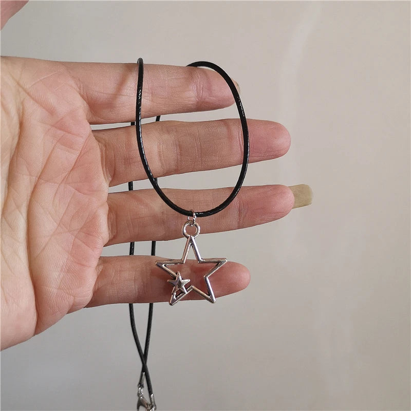 Kpop Vintage Punk Silver Color Star Pendant Bead Necklace for Men Women Street Hip Hop Aesthetic Grunge Jewelry Y2K Accessories