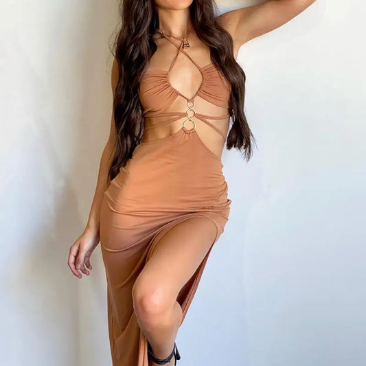 European and American summer  women's party dress Y2k sexy hollow lace up high slit long dress for women